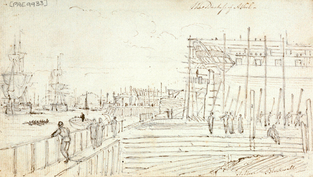 Detail of The 'Duchess of Atholl' being built at Blackwall with figures looking around the yard and shipping on the Thames by Henry Moses