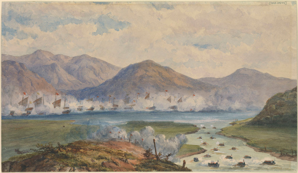 Detail of The China War 1857. Junk fleet against mountainous background. Boats pulling in river at right by Thomas Goldsworth Dutton
