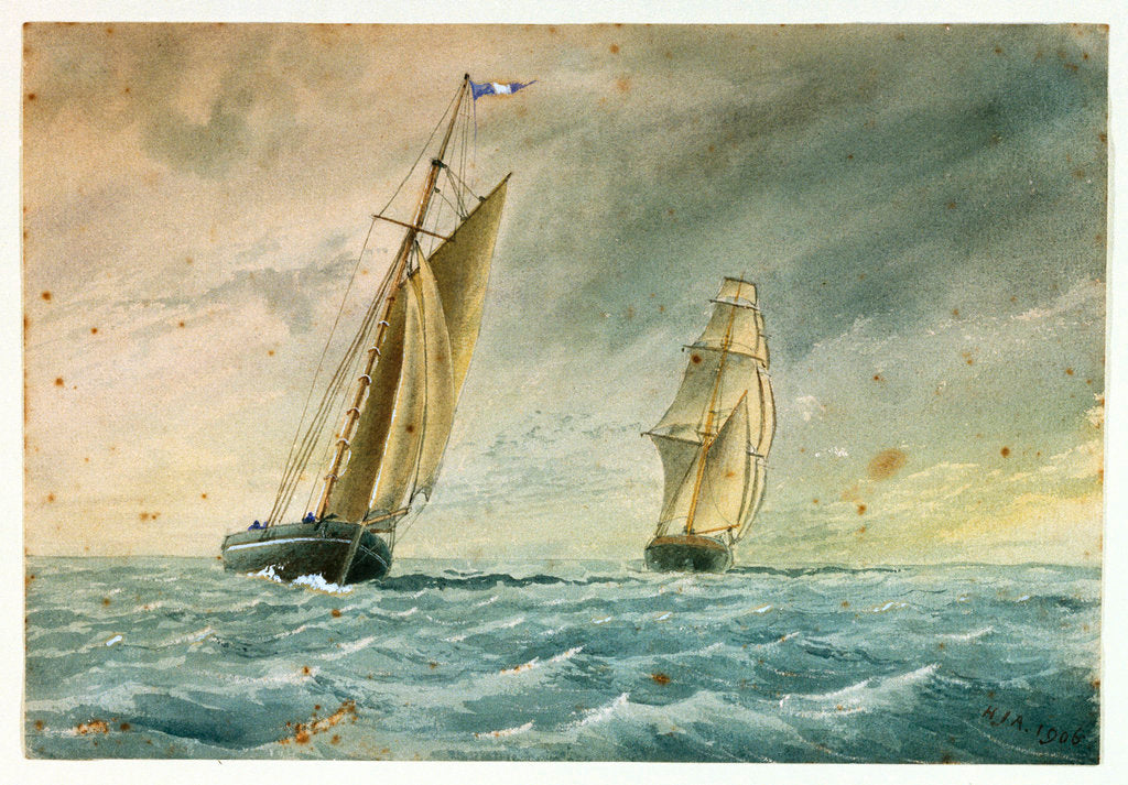 Detail of A pilot cutter, standing off, in the shipping lane with a full rigged ship astern by Harry Joseph Atkins