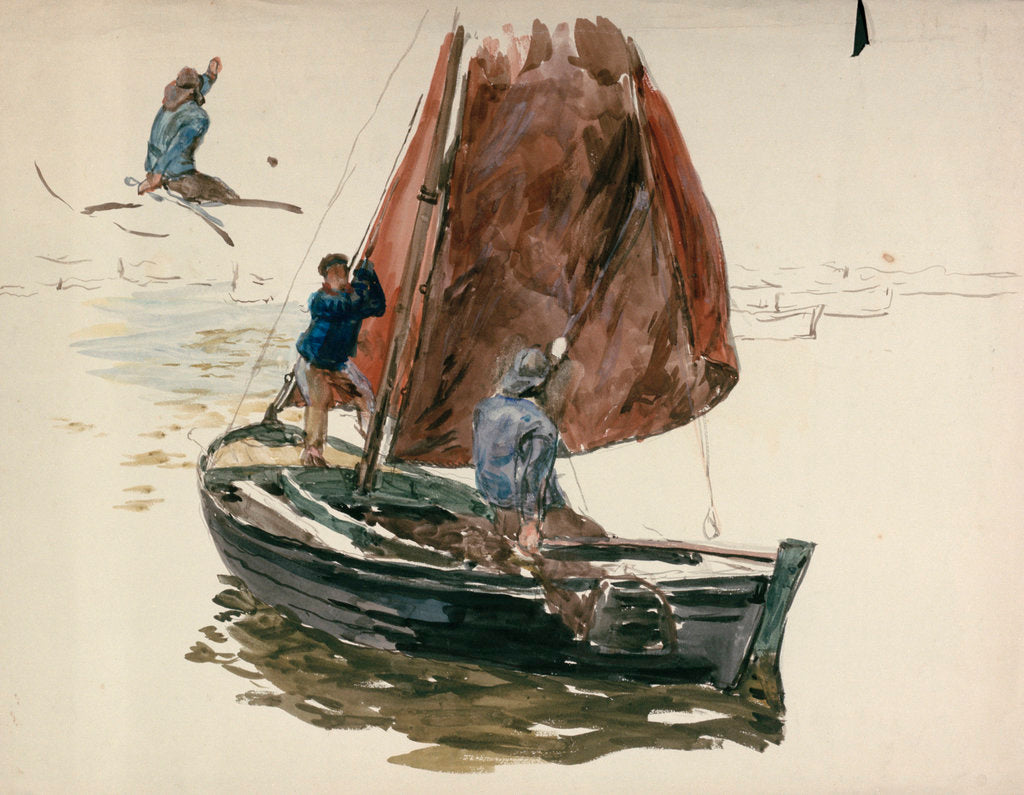Detail of A man and a boy in a small sailing boat by William Lionel Wyllie