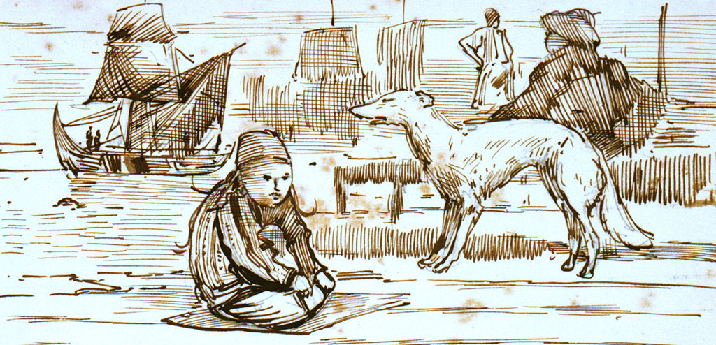 Detail of Turkish harbour scene with dog and small boy, and sailing vessel in background by C.W. Cole
