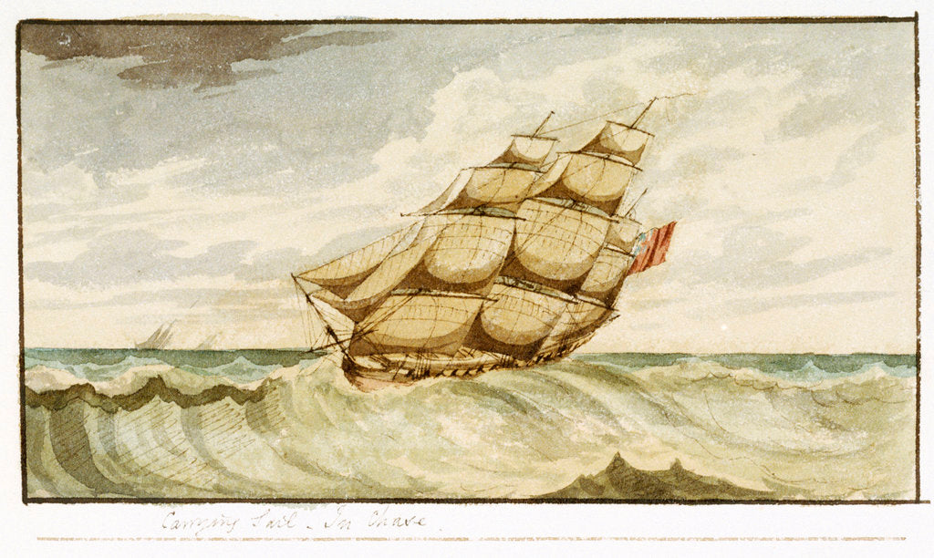 Detail of Naval sailing vessel underway, with inscription, 'Carrying Sail In Chase' by Edward Bamfylde Eagles