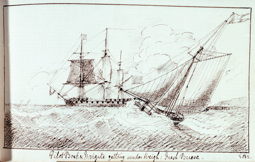 Detail of Pilot boat and frigate getting under weigh by Edward Bamfylde Eagles