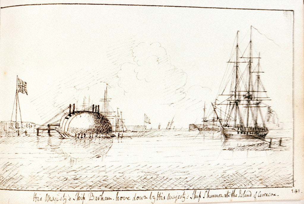Detail of His Majesty's Ship Barham hove down by His Majesty's Ship Shannon at the Island of Curacoa by Lt Edward Bamfylde Eagles