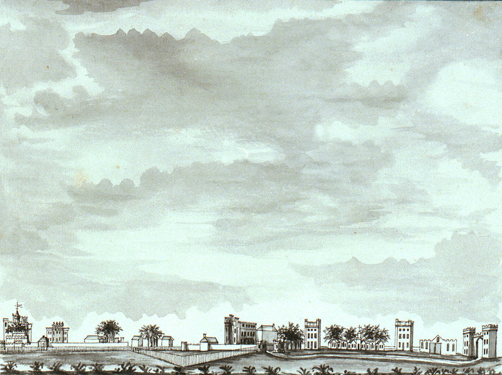 Detail of Wide view of Vanbrugh Castle, Vanbrugh House, Sherwood and Vanbrugh Gateway by John Charnock