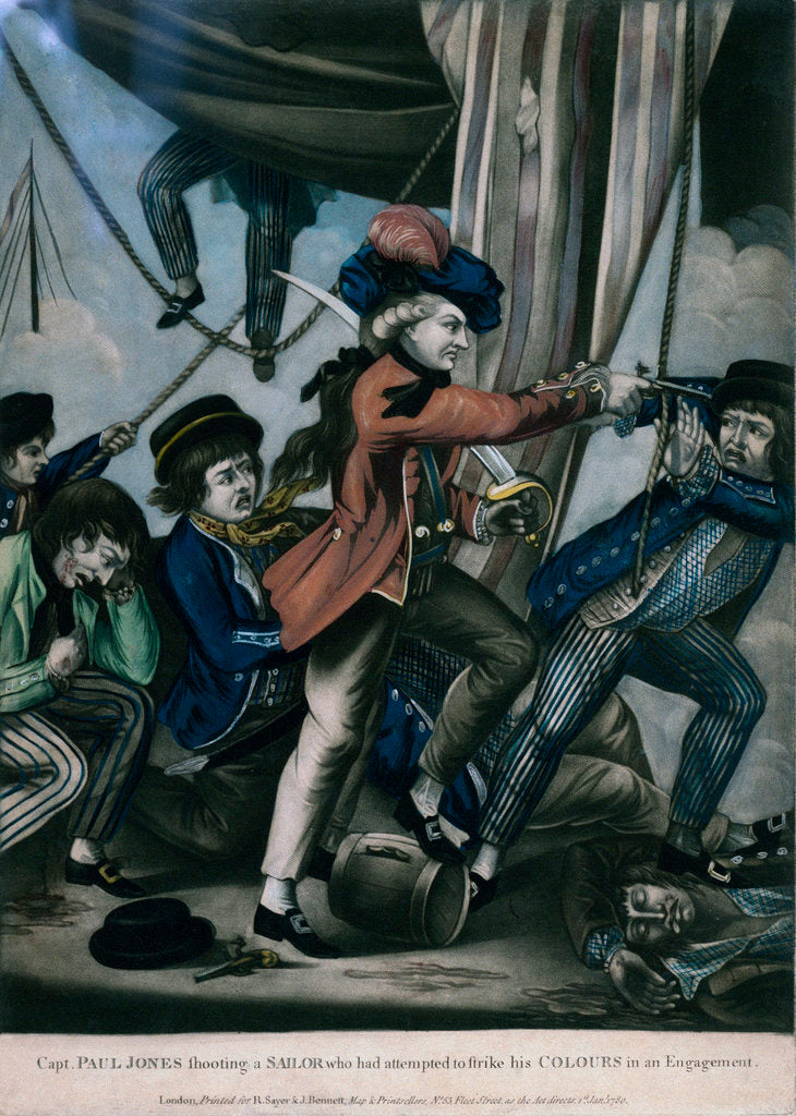 Detail of Capt. Paul Jones shooting a sailor who had attempted to strike his colours in an engagement by Robert Sayer & John Bennett