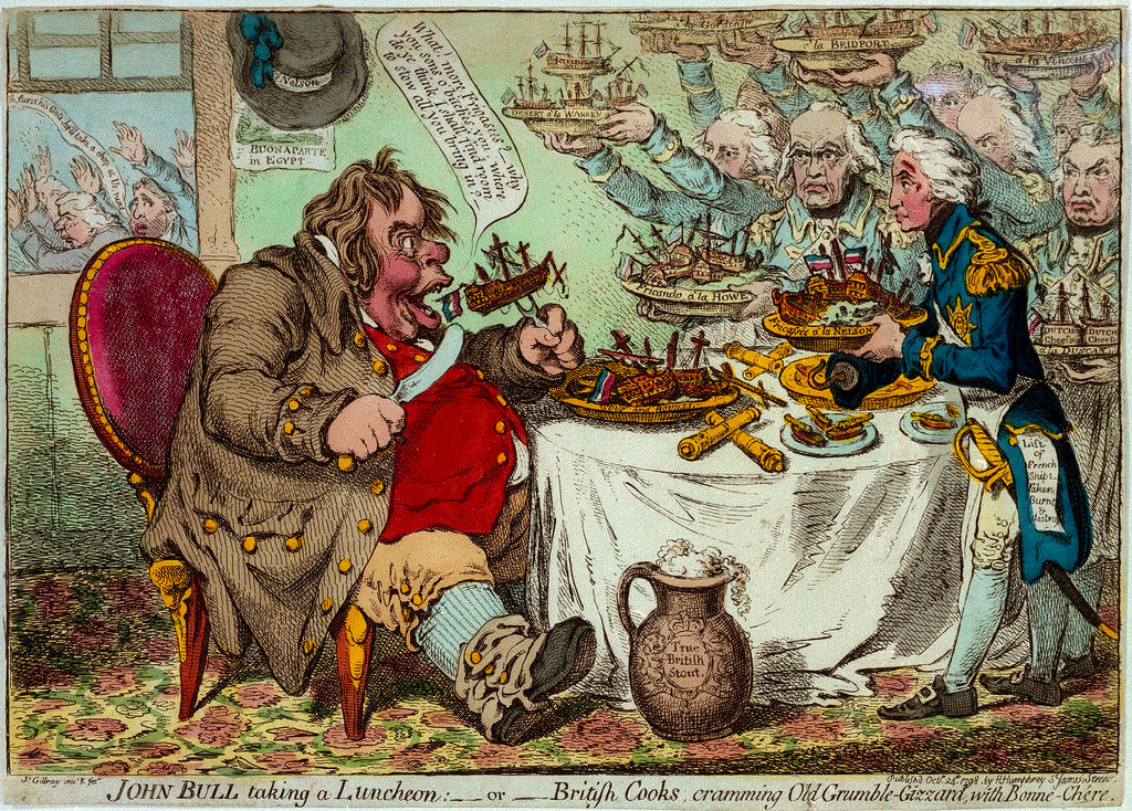 Detail of John Bull taking a Luncheon:  - or - British Cooks, cramming Old Grumble-Gizzard, with Bonne-Chere by James Gillray