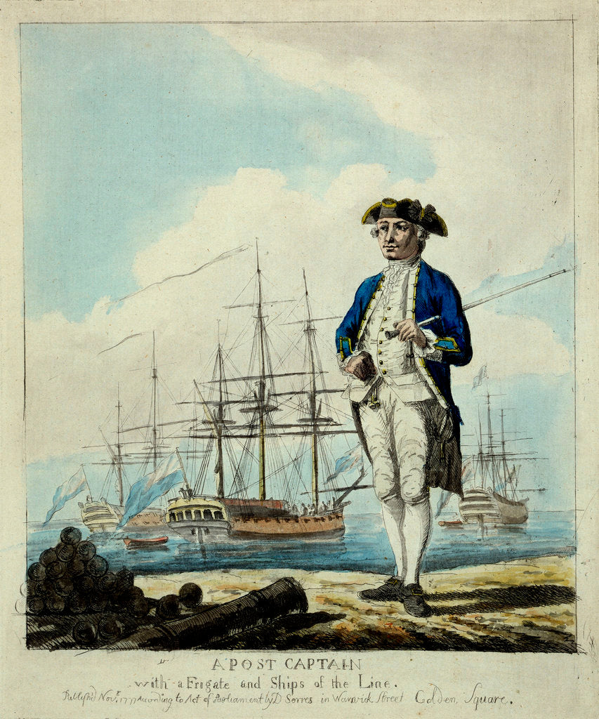 Detail of A post captain with a frigate and ships of the line. by D. Serres