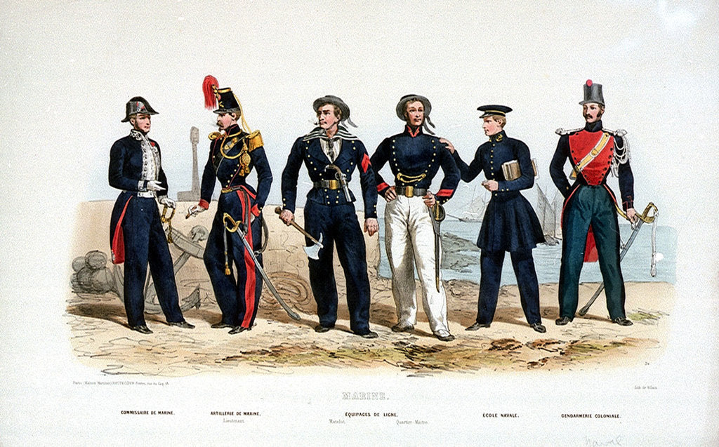 Detail of Marines: Commissaire de Marine. Artillerie de Marine (Lieutenant). Equipages de Ligne (Matelot and Quartier-Maitre). Ecole Navale. Gendarmerie Coloniale by de Villain