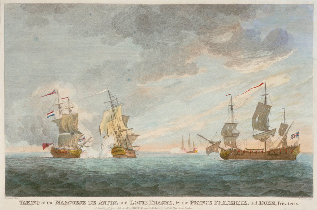 Detail of Taking of the 'Marquese de Antin' and 'Louis Erasme' by the Prince Frederick and Duke privateers by Charles Brooking