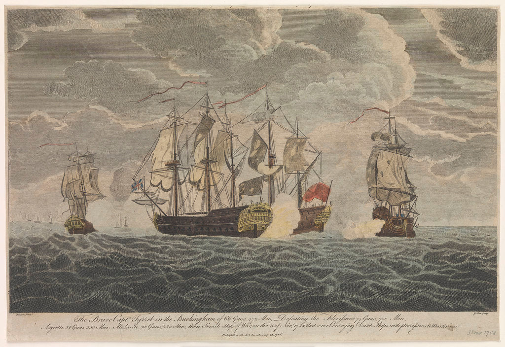 Detail of The brave Captain Tyrrel in the 'Buckingham' of 66 guns & 472 men defeating the 'Florissant', 'Aigrette' & 'Atlante', three French Ships of War, the 3rd of November 1758 by Francis Swaine