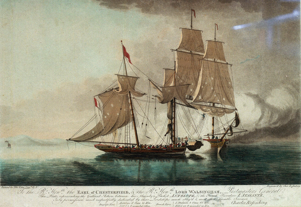 Detail of 'To the Rt. Honble. the Earl of Chesterfield, & the Rt. Honble Lord Walsingham. - Postmasters General, This Plate representing the Gallant Action between his Majesty's Packet Antelope, & the French Privateer L' Atalante... [2 Dec 1794]'. by Thomas