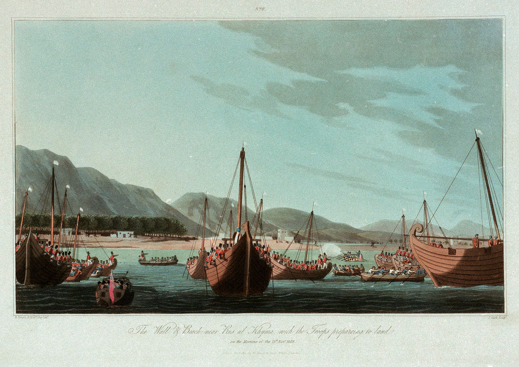 Detail of No. 6 'The wall and beach, near Rus ul Khyma, with troops preparing to land, 13 November 1809' by R. Temple