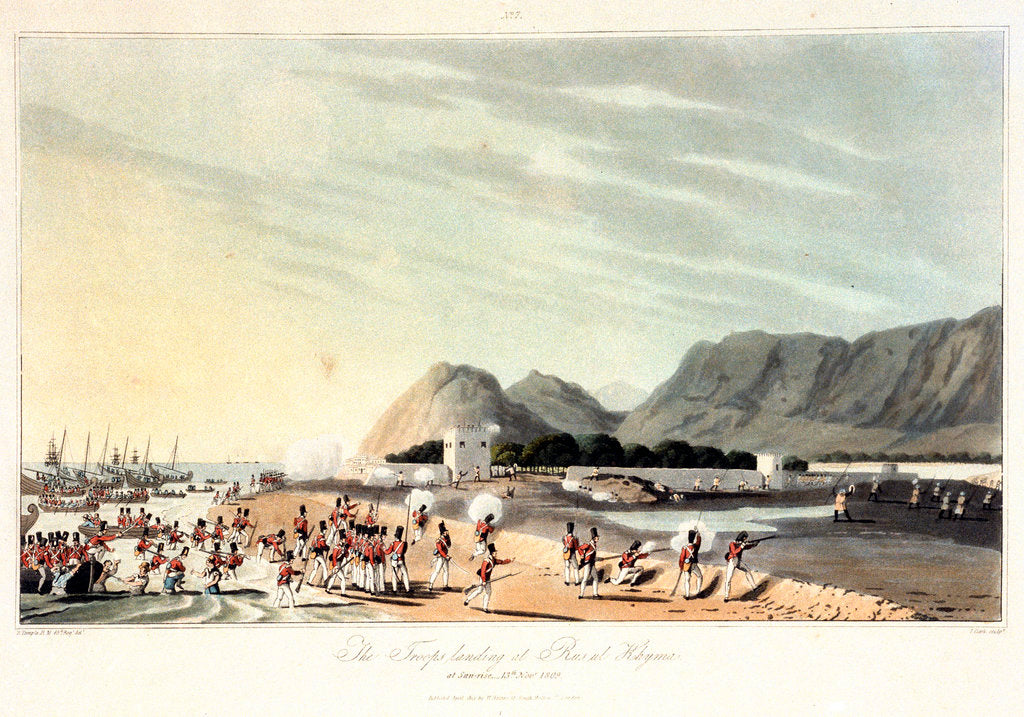 Detail of No. 7 'The troops landing at Rus ul Khyma, 13 November 1809' by R. Temple