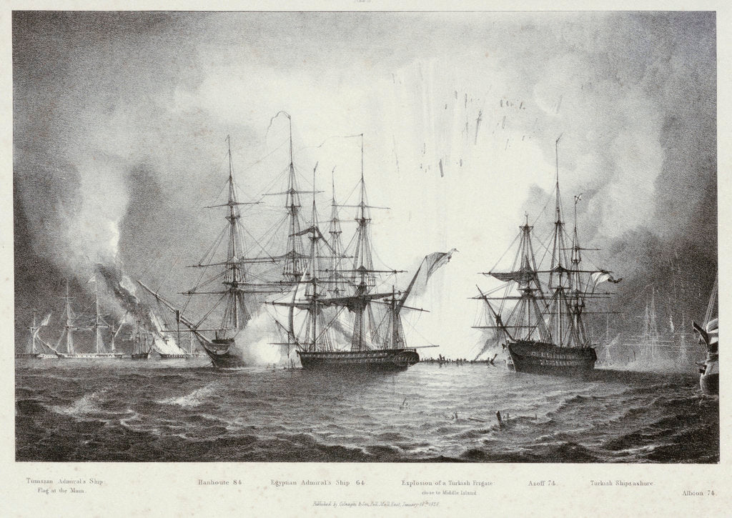 Detail of 'Hanhoute' and 'Azoff', with explosion of a Turkish frigate, at the Battle of Navarino, 20 October 1827 by George Philip Reineagle