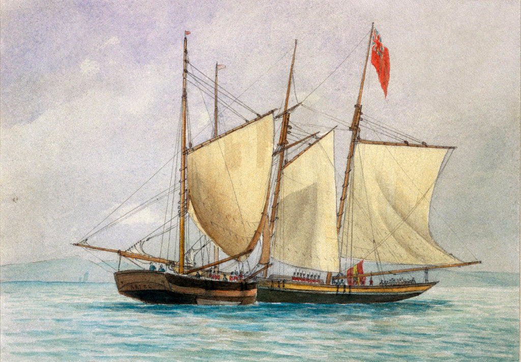 Detail of 'Captain H Wolman with HM 80th Foot capturing the Notorious Pirate Schooner Hanna Mercury Isld Oct 26th 1843'. by unknown