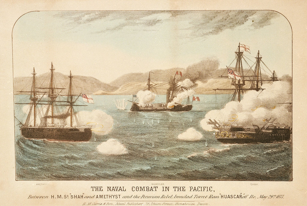 Detail of The naval combat in the Pacific, between HMS 'Shah' and 'Amethyst' and the Peruvian Rebel, Ironclad Turret Ram Huascar off Ilo, 29 May 1877 by H.M. Currie & Son