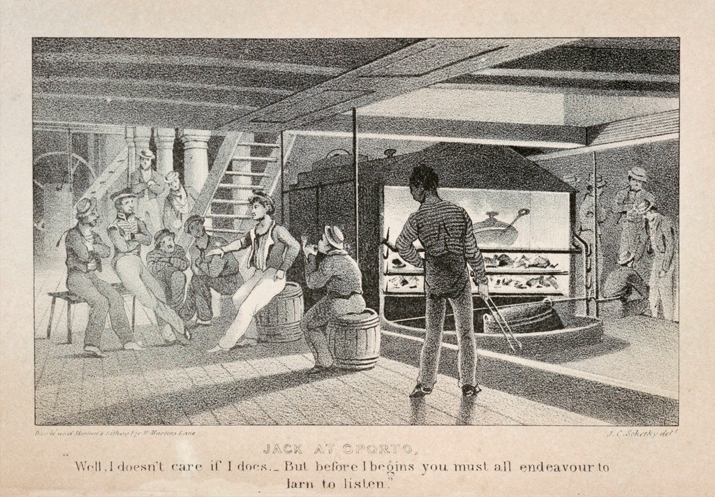 Detail of Scene below deck on a British naval sailing vessel, showing the galley fire ' Jack at Oporto...' by John Christian Schetky
