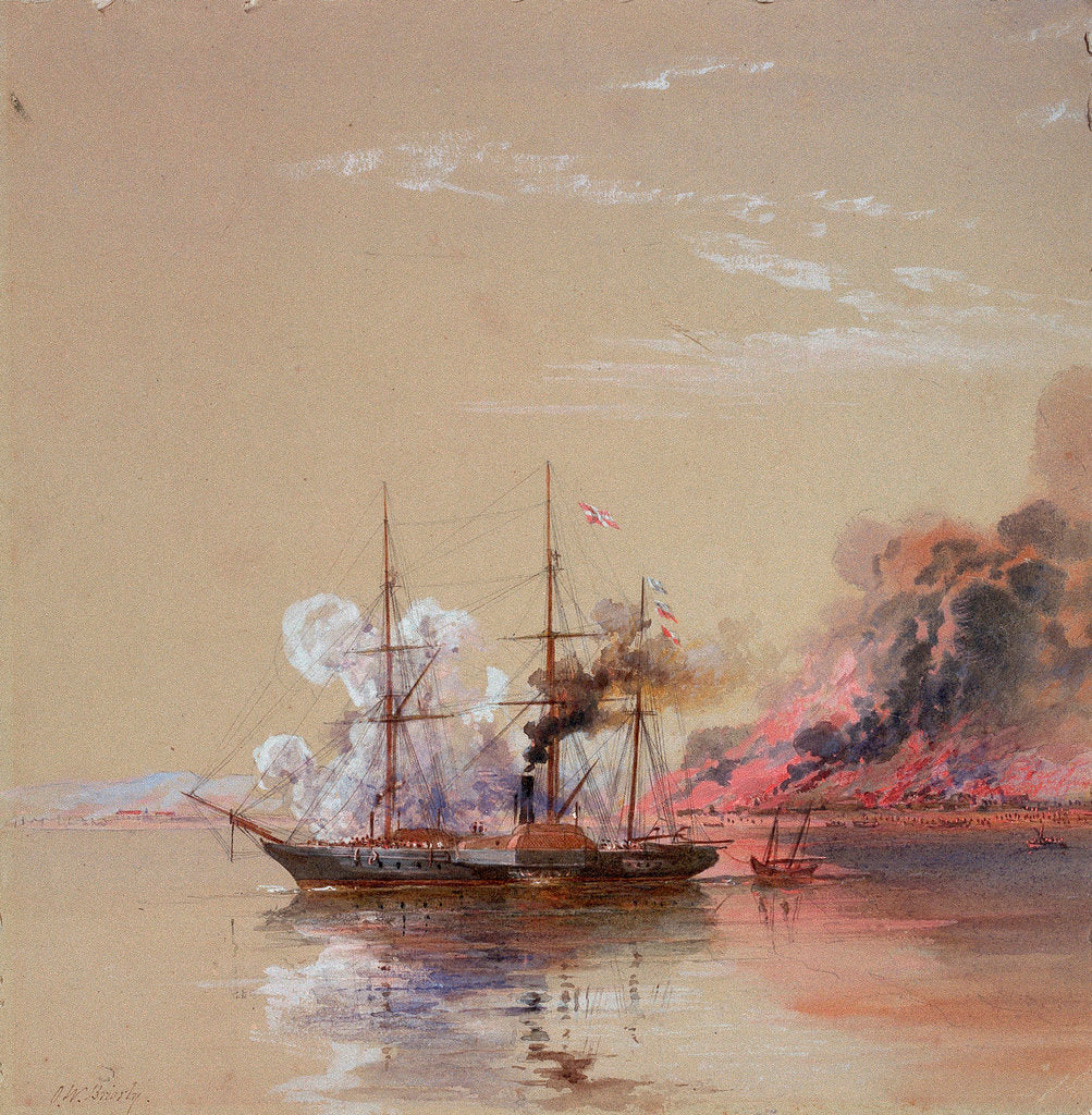 Detail of HMS 'Vesuvius' at the destroying of stores, sea of Azoff, 1 September 1855 by Oswald Walter Brierly