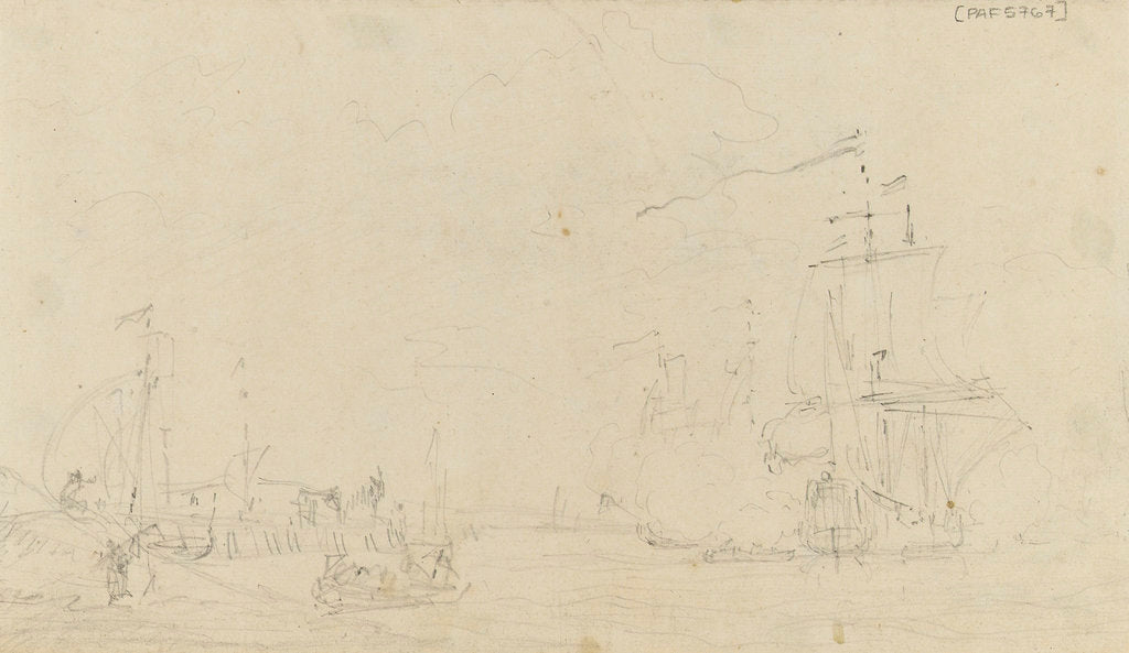 Detail of Sketch of a small sailing vessel saluting near the shore by Samuel Scott