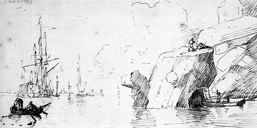 Detail of Fisherman and shipping off a rocky coast by Samuel Scott