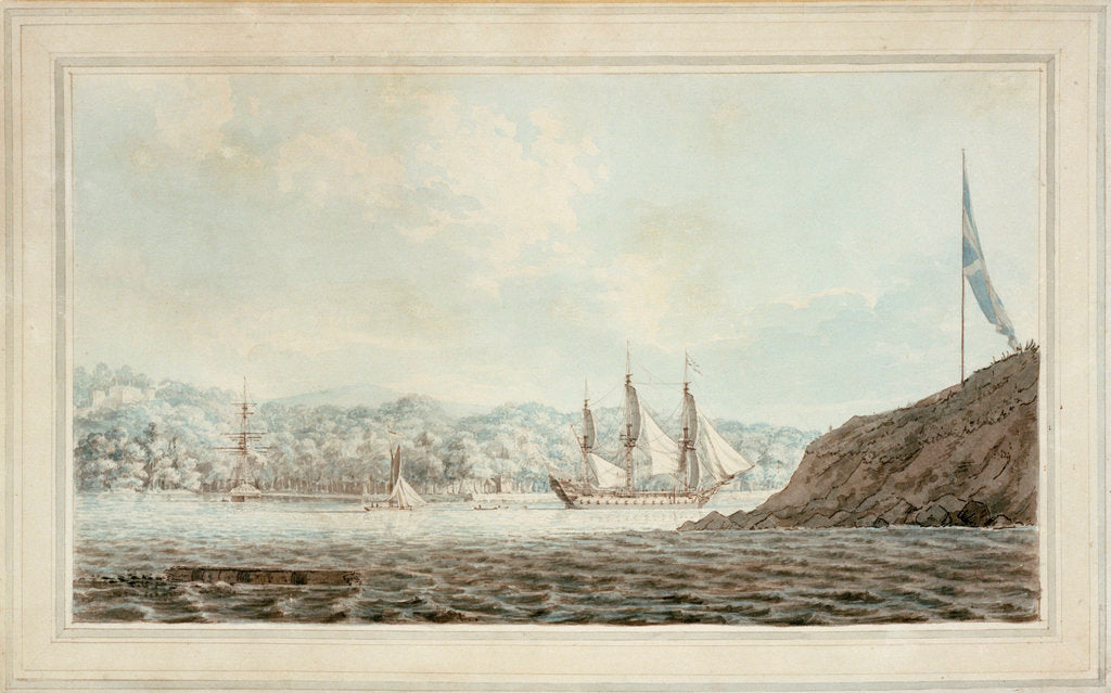 Detail of Two frigates in Plymouth harbour opposite Mount Edgcumbe by John Webber