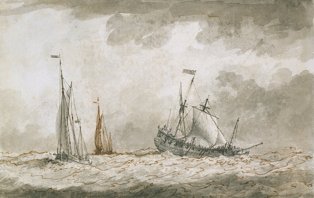 Detail of A dismasted Dutch man of war by Charles Gore