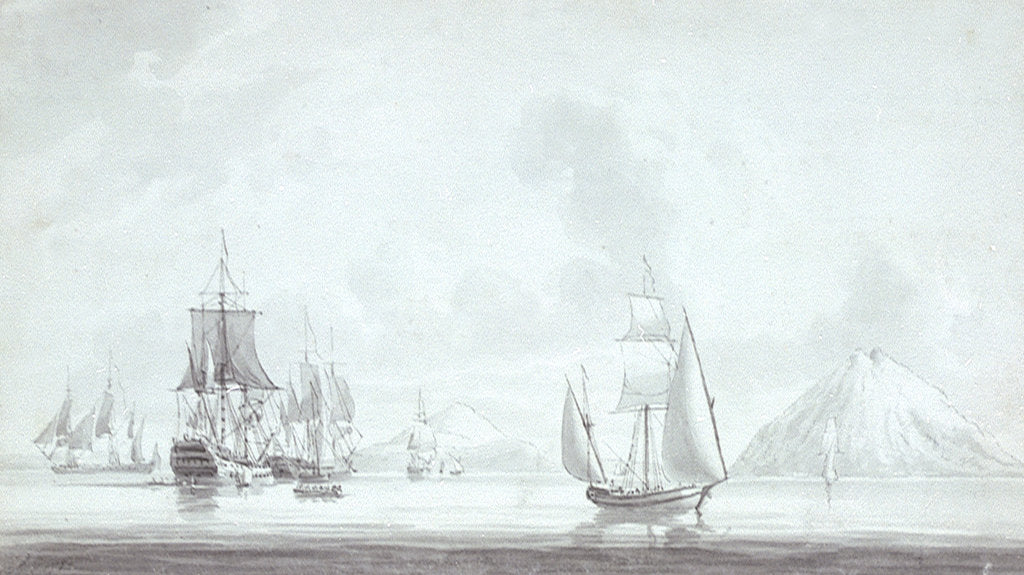 Detail of A Polacca and men of war in light airs off Stromboli, 1785 by Robert Cleveley