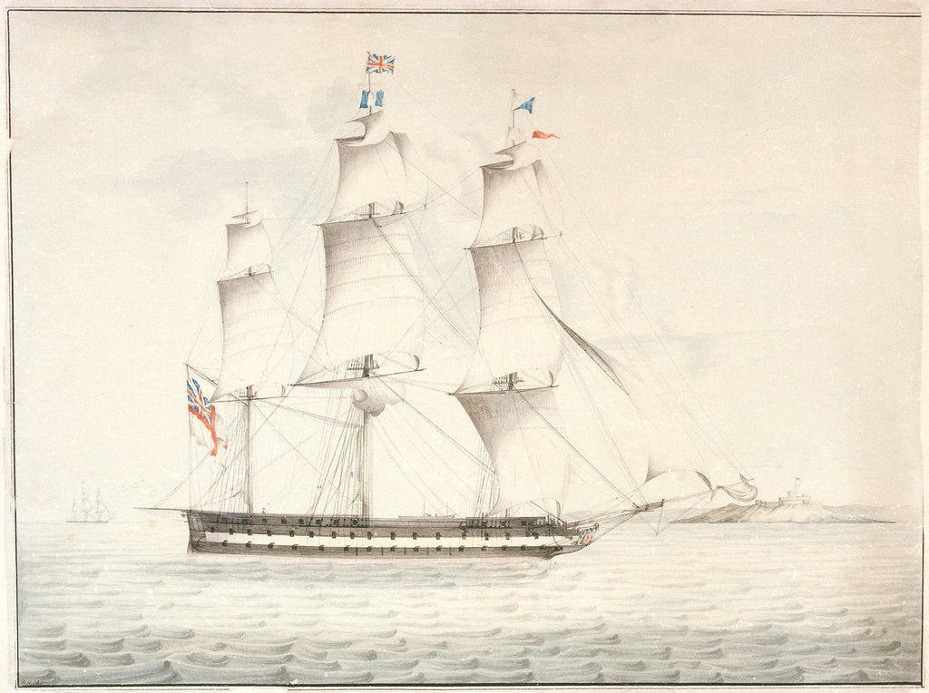 Detail of HMS 'Norge' (captured from the Danes 1807) off Pendennis Castle by W. H.