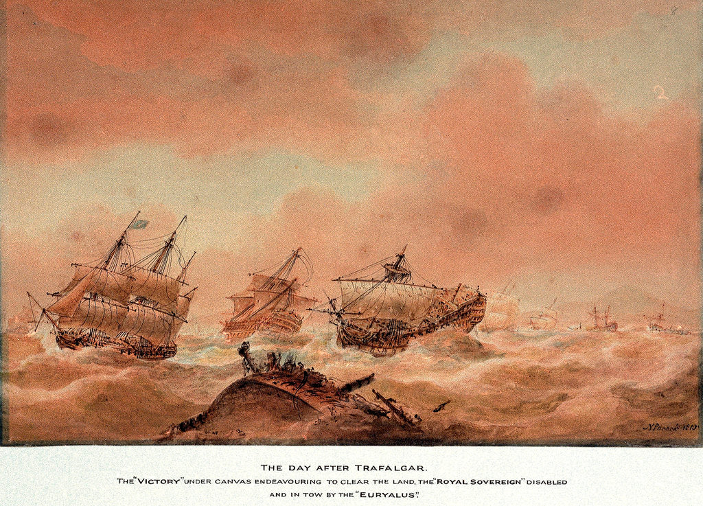 Detail of The day after Trafalgar; the 'Victory' trying to clear the land with the 'Royal Soveriegn' in tow to the 'Euryalus' by Nicholas Pocock