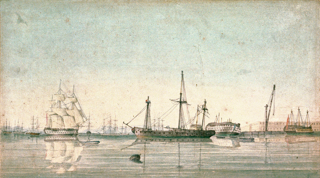 Detail of HMS 'Imperieuse'? refitting in the inner harbour of Port Mahon by Robert Hood by Robert Hood