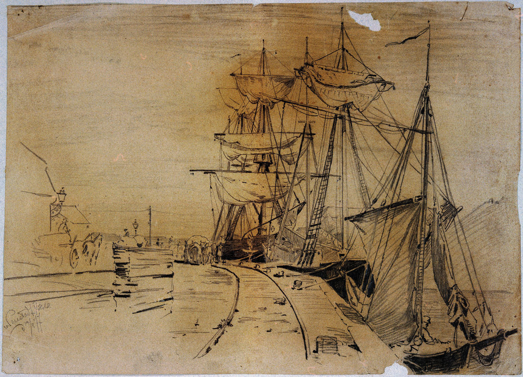 Detail of Fishing vessels tied up at a promenade by Wenstad Holst