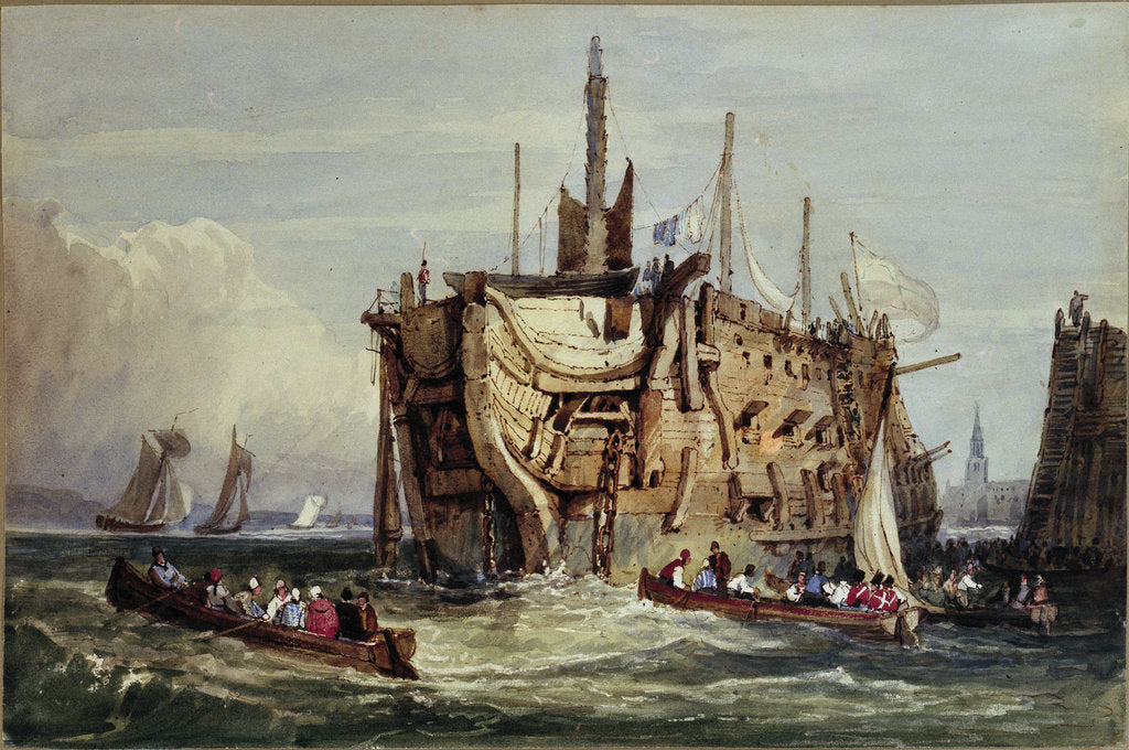 Detail of Convicts being rowed out to a prison hulk on the Thames by George Cooke