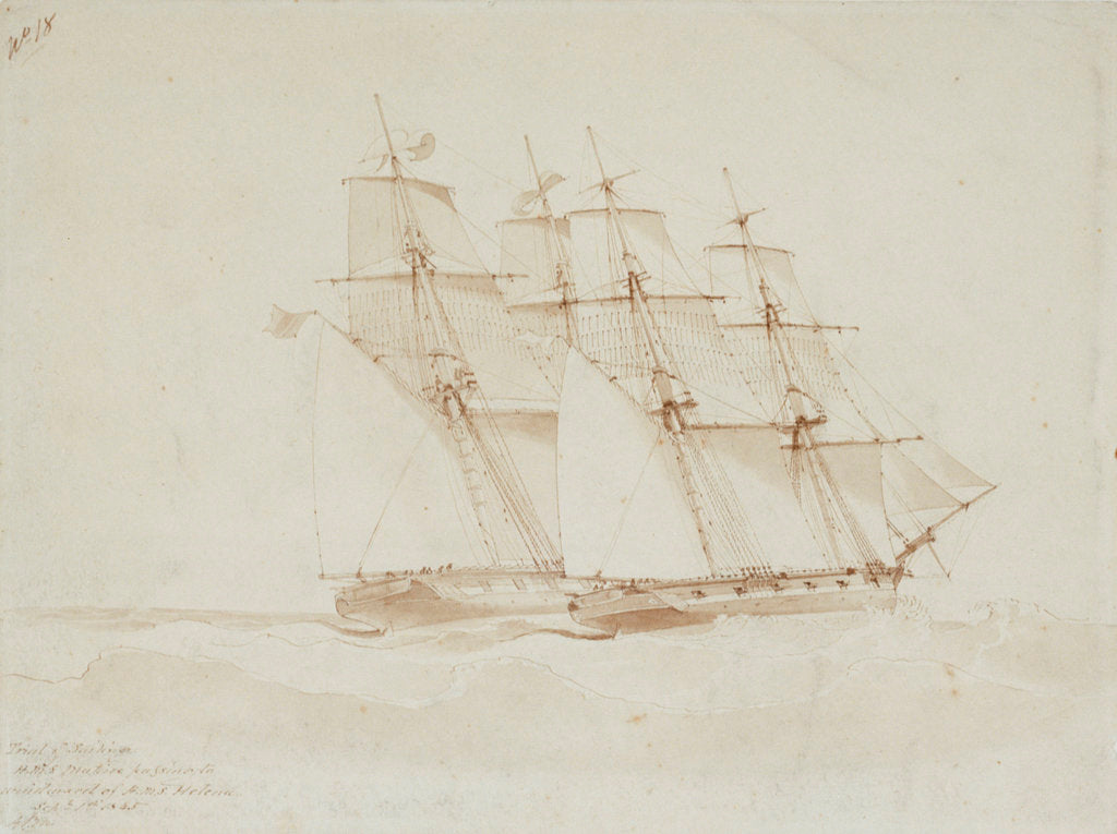 Detail of HMS 'Mutine' passing to windward of HMS 'Helena' in a sailing trial, 1 September 1845 by George Pechell Mends