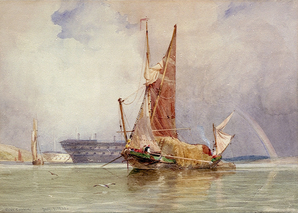Detail of Hay barge and men of war on the Medway, 1833 by Edward William Cooke