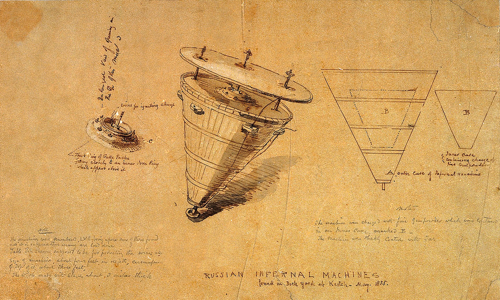 Detail of Russian infernal machines found in dockyard at Kertch in May 1855 by Oswald Walter Brierly