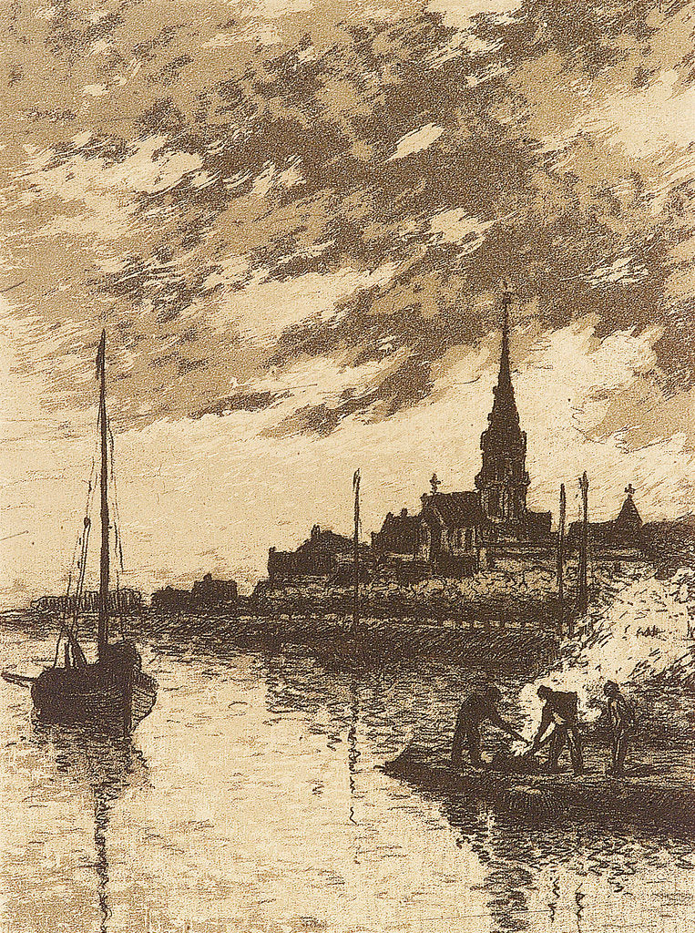 Detail of River scene showing a sailing vessel, men working at a fire, and a church by John Everett