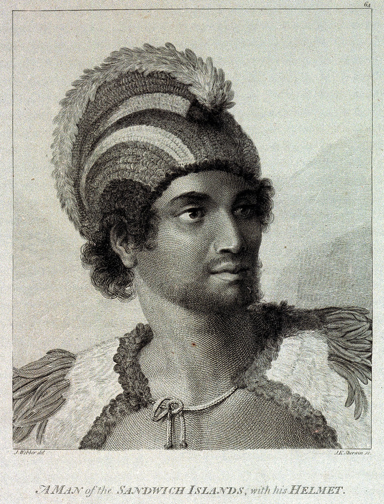 Detail of A man of the Sandwich Islands with his helmet by John Webber