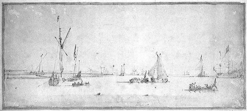 Detail of A dogger at anchor with shipping in Dutch waters by Willem Van de Velde the Younger