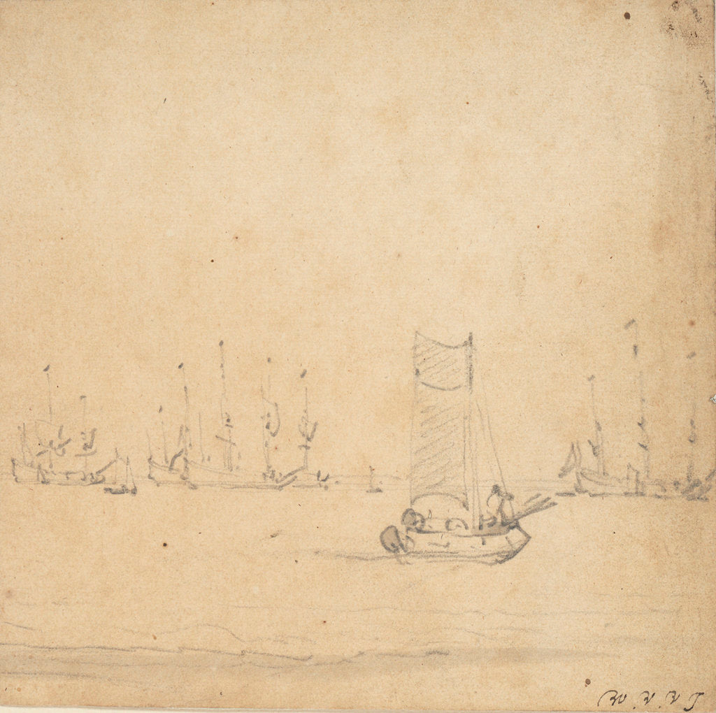 Detail of A weyschuit underway with the Dutch fleet at anchor by Willem Van de Velde the Younger