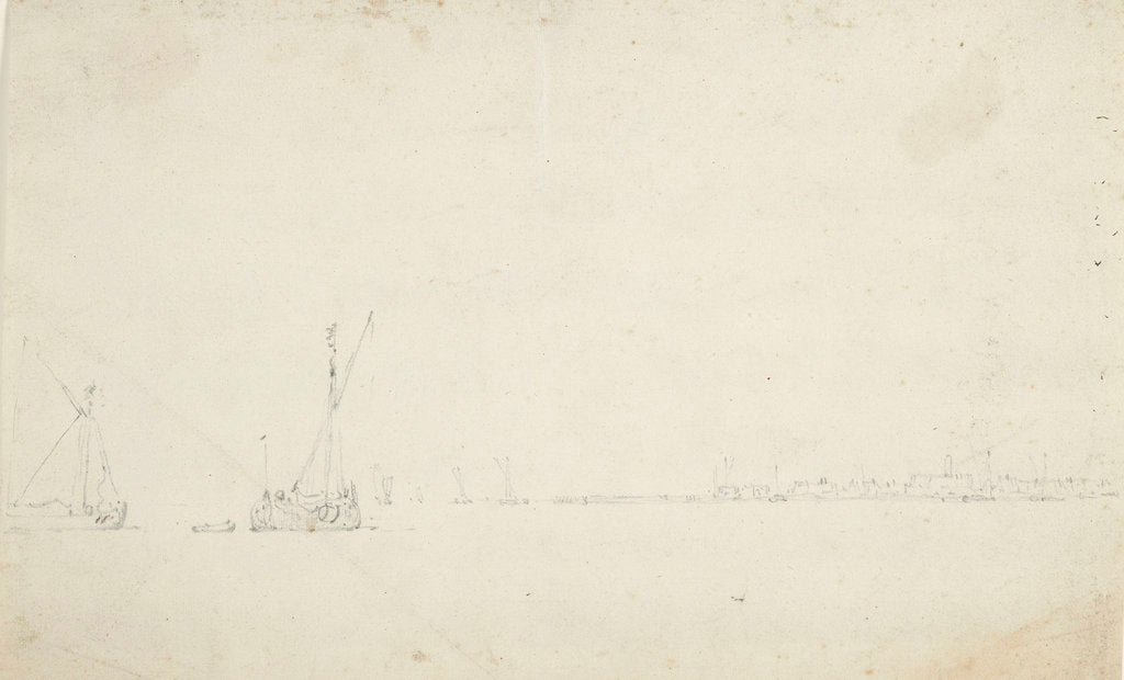 Detail of Two smalschips off a Dutch town by Willem Van de Velde the Younger
