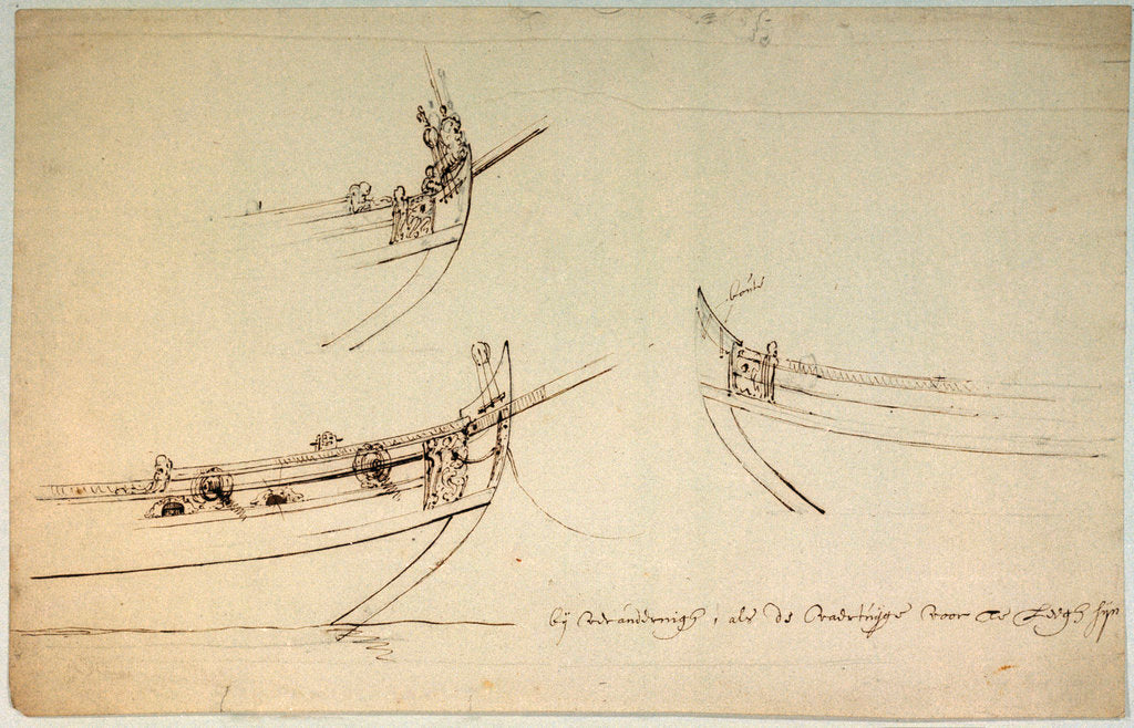 Detail of Sketch designs for the fore part of a yacht to be built for the van de Veldes by Willem Van de Velde the Younger