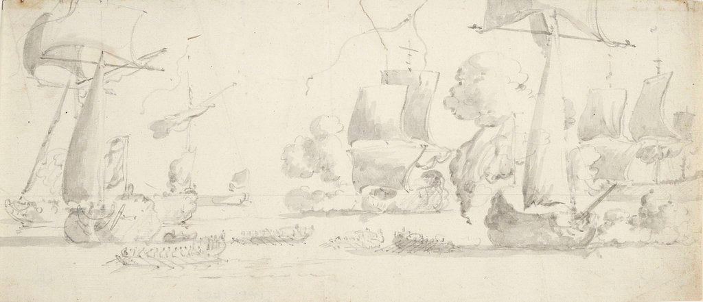 Detail of Ships and yachts saluting as barges pull away by Willem van de Velde the Elder