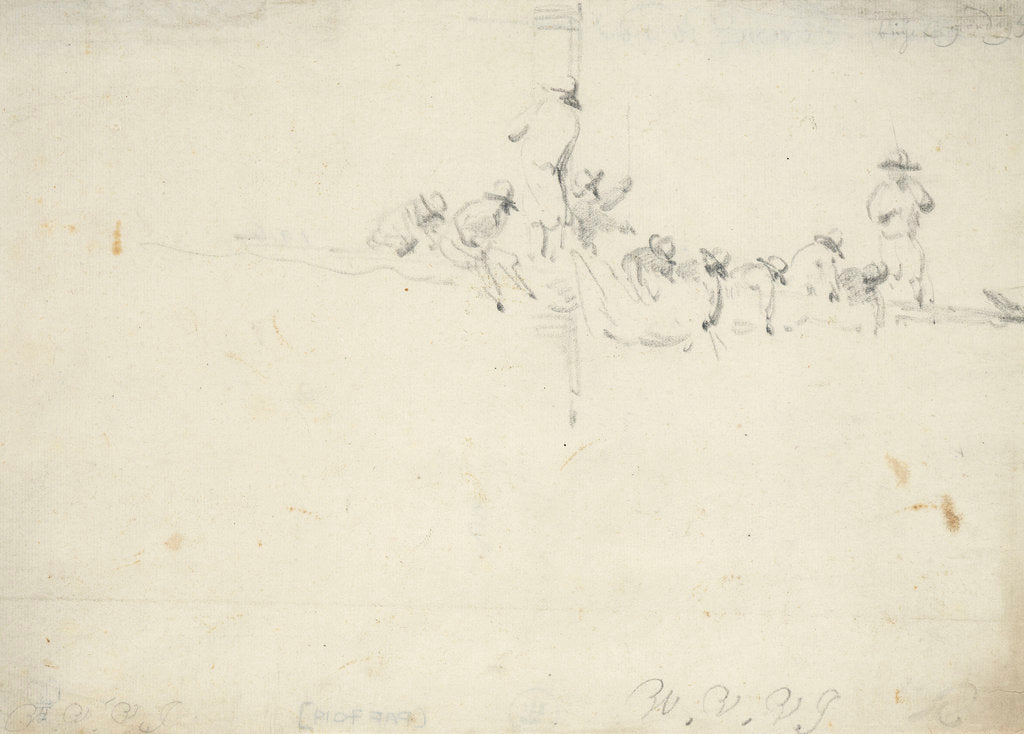 Detail of Men on a yard furling a sail by Willem Van de Velde the Younger
