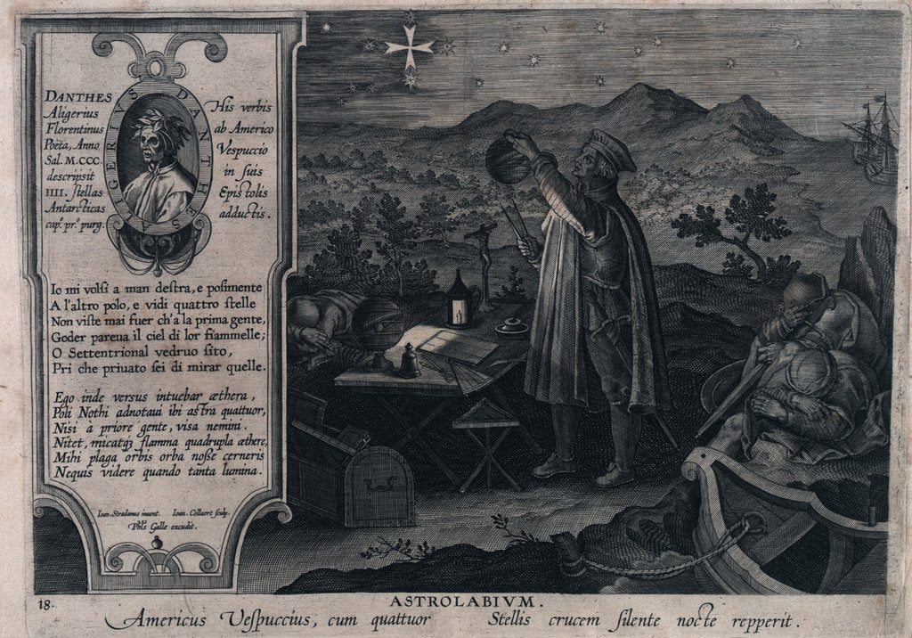 Detail of Astrolabe. Astrolabium. Americus Vespuccius, cum quattuor. Stellis crucem silente nocte repperit. Also a portrait of Dante Aligheri by Johannes Stradanus