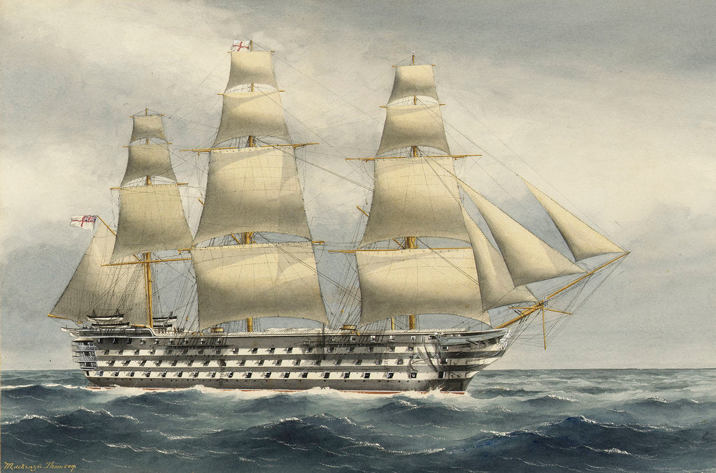 Detail of HMS Victoria Last of the sea going 3 deckers. Paid off at Portsmouth from Mediterranean Oct 1867 by W. Mackenzie Thomson