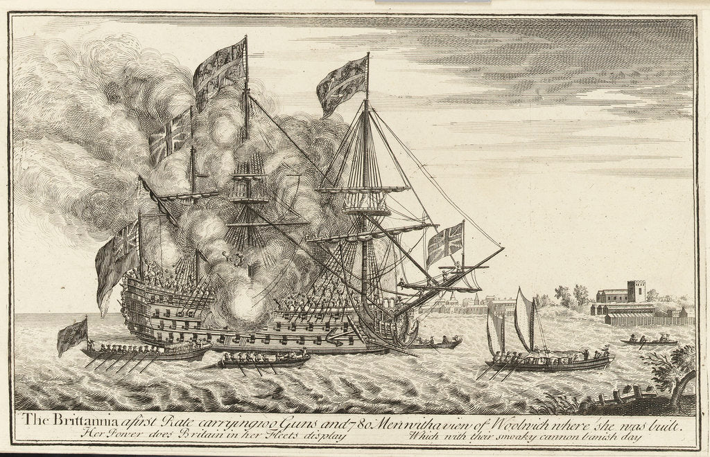 Detail of The Brittannia a first Rate carrying 100 Guns and 780 Men with a view of Woolwich where she was built by unknown