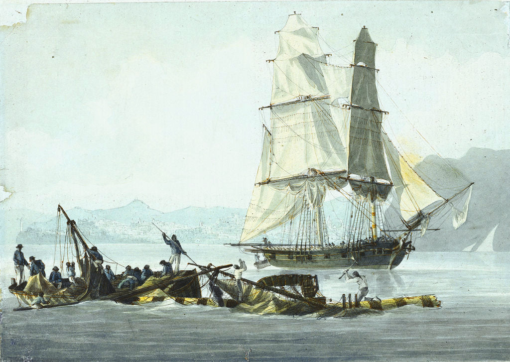 Detail of HMS sloop 'Speedy' falling in with the wreck of 'Queen Charlotte', 21 March 1800 at Leghorn by unknown