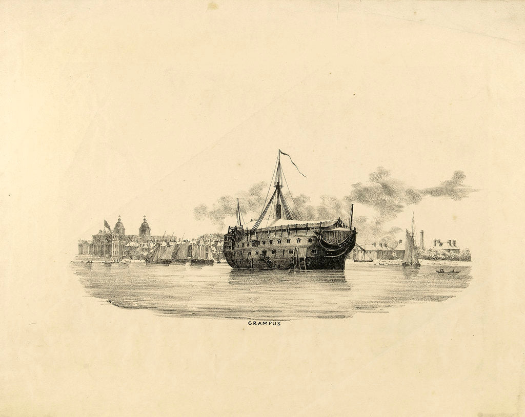 Detail of HMS 'Grampus' as a hulk by W. Porden Kay