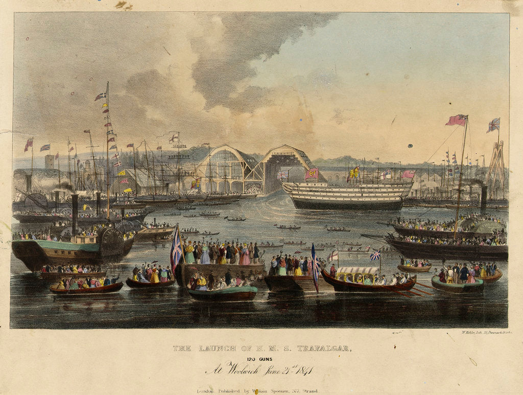 Detail of The launch of HMS 'Trafalgar', 120 guns, at Woolwich, 21 June 1841 by W. Kohler